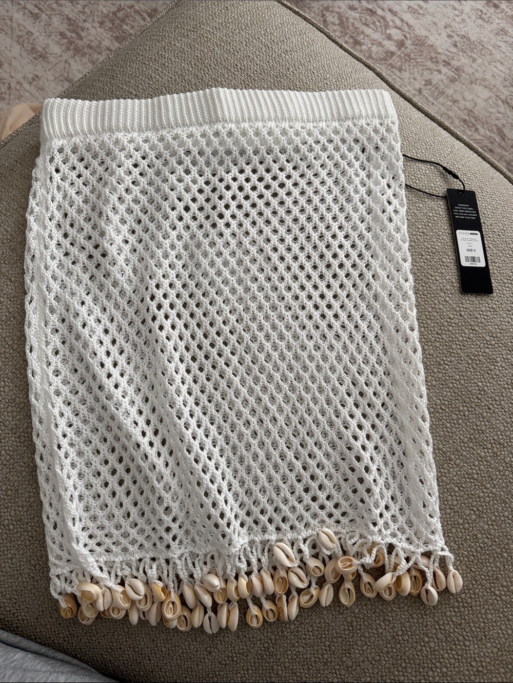 Fashion Nova White Crochet Midi Skirt with Shell Fringe